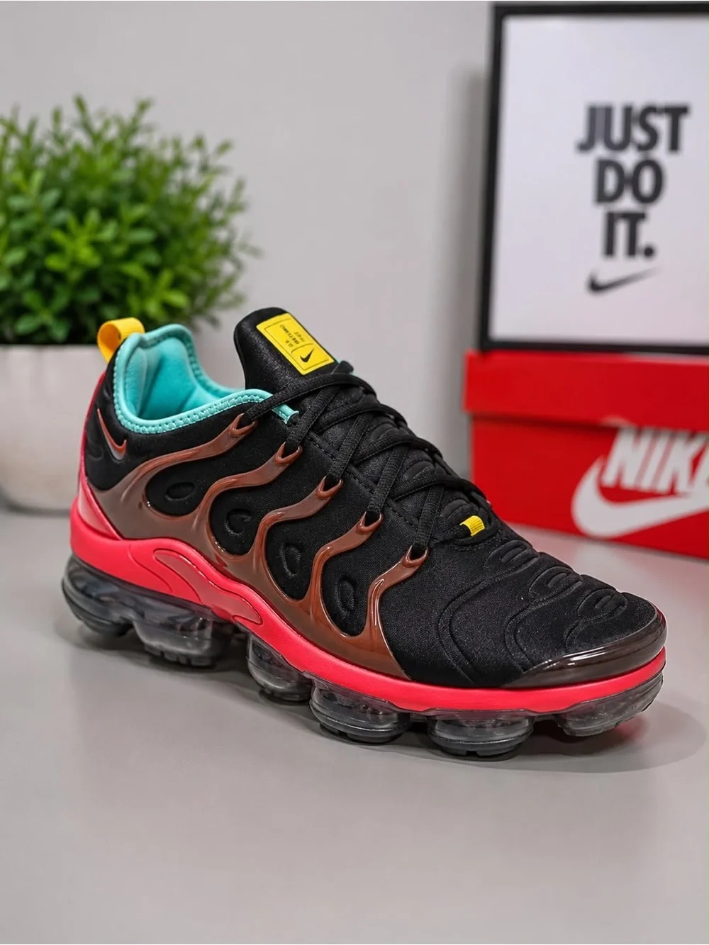 Nike VaporMax Plus Black with Coral, Teal & Yellow Accents